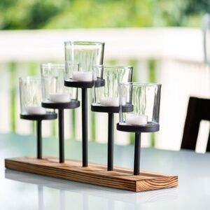 Le’Raze Decorative Votive Candle Holder Centerpiece, 5 Glass Cups on Wood Base